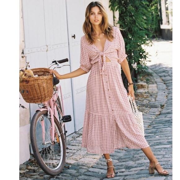 Faithfull the Brand Maple Check Midi Dress With Tie Front V Neck Size 2 US